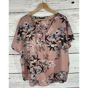 Shein Curve Floral Blouse Shirt Plus Size 1XL Dusty Rose Pink Tie Neck Bohemian